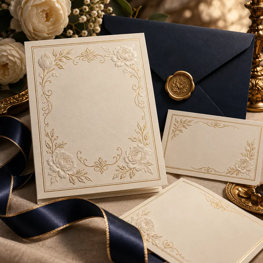 Invitation suite with gold foil and wax seal