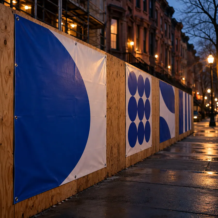 Construction signage and banners on a site fence